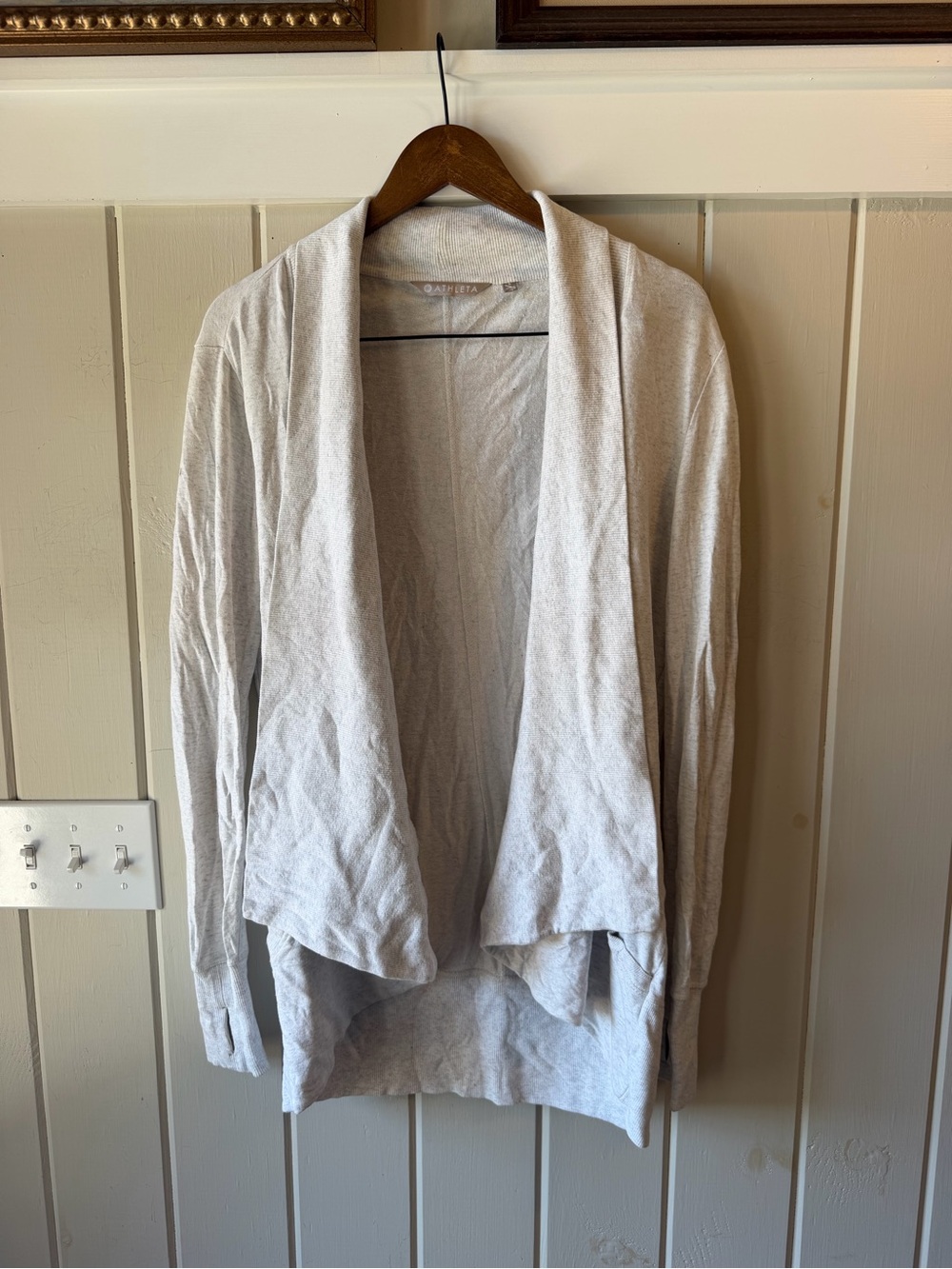 Athleta Light Heathered Grey/Cream Open-Front Draped Cardigan, Size Small
